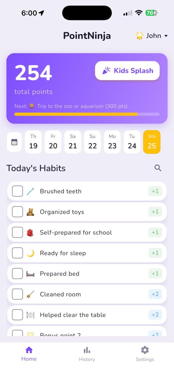 PointNinja family dashboard showing daily habits and points